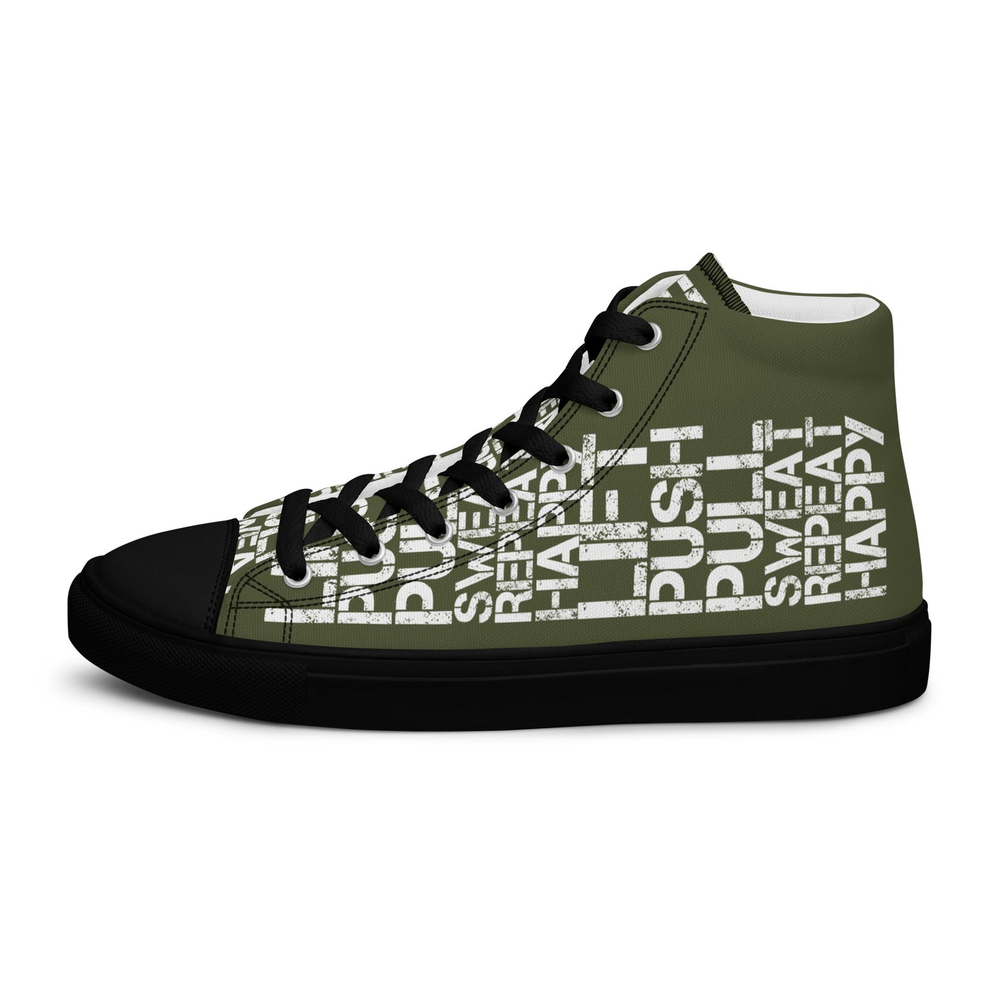 Left shoe side view HappyStuff mens khaki green high top sneakers black sole with white lift push pull sweat repeat happy distress print