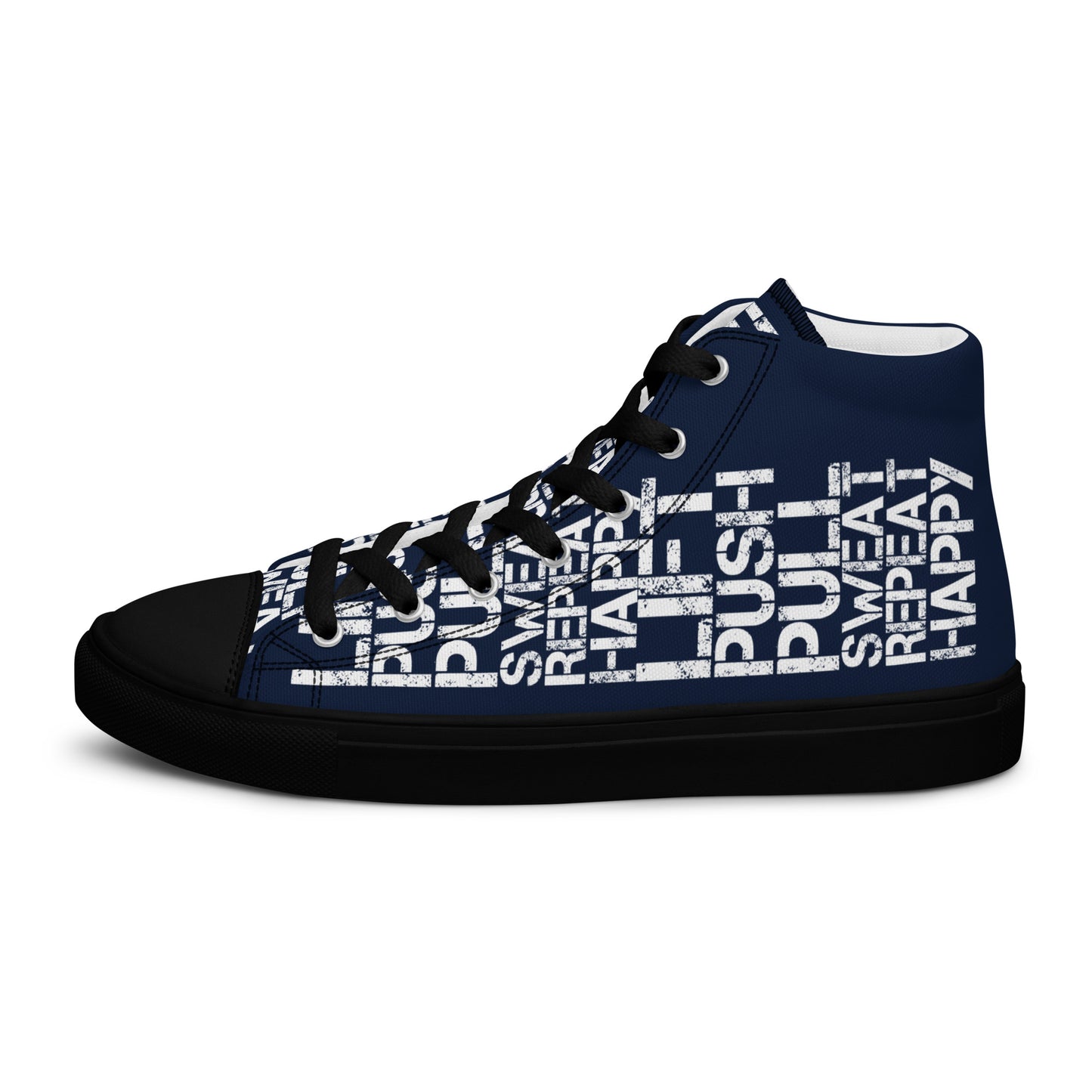 Left shoe side view HappyStuff mens navy blue high top sneakers black sole with white lift push pull sweat repeat happy distress print