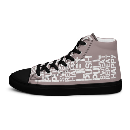 Left shoe side view HappyStuff mens taupe high top sneakers black sole with white lift push pull sweat repeat happy distress print