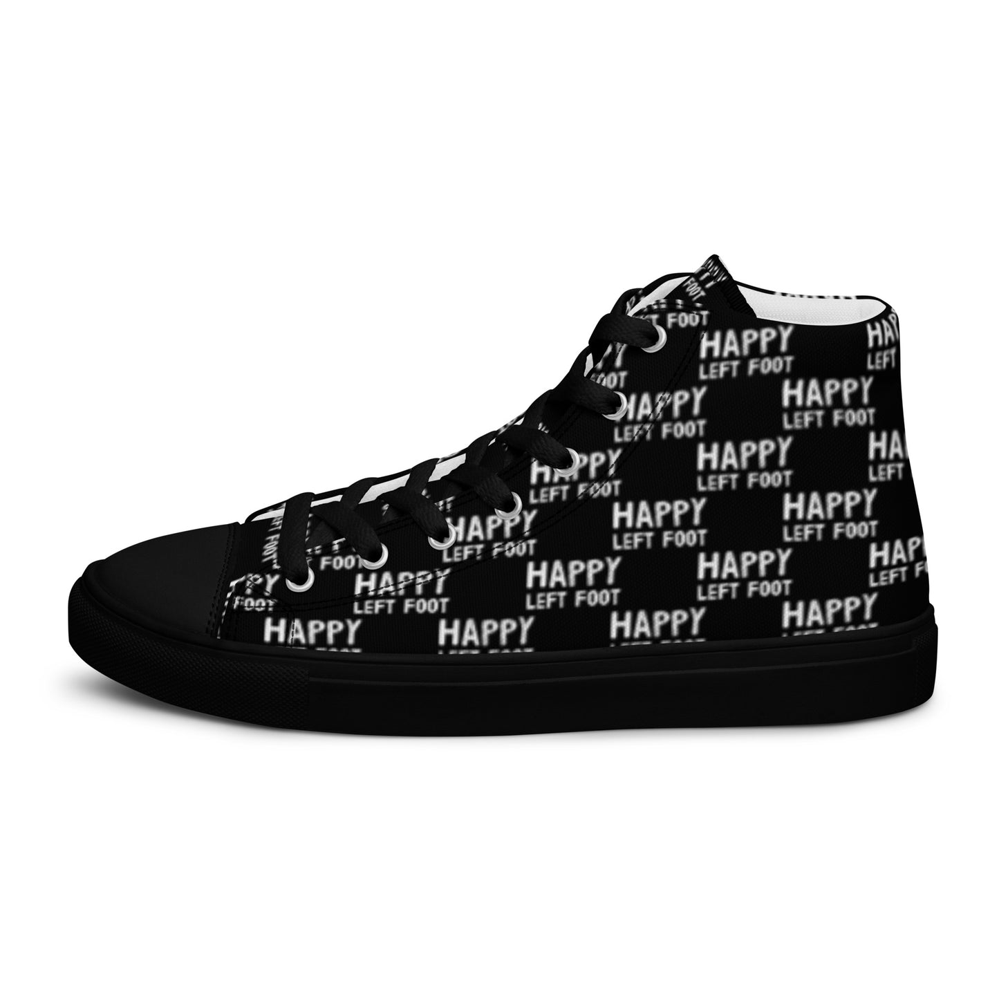 Left shoe side view HappyStuff mens black high top sneakers black sole with white playful pattern print of Happy Left Foot