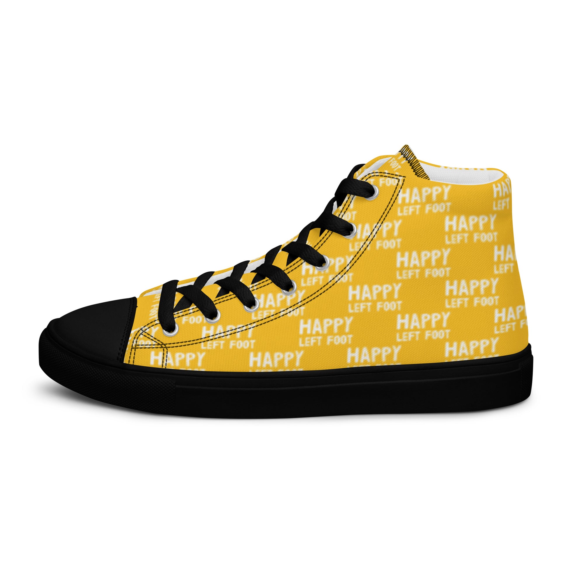 Left shoe side view HappyStuff mens yellow high top sneakers black sole with white playful pattern print of Happy Left Foot