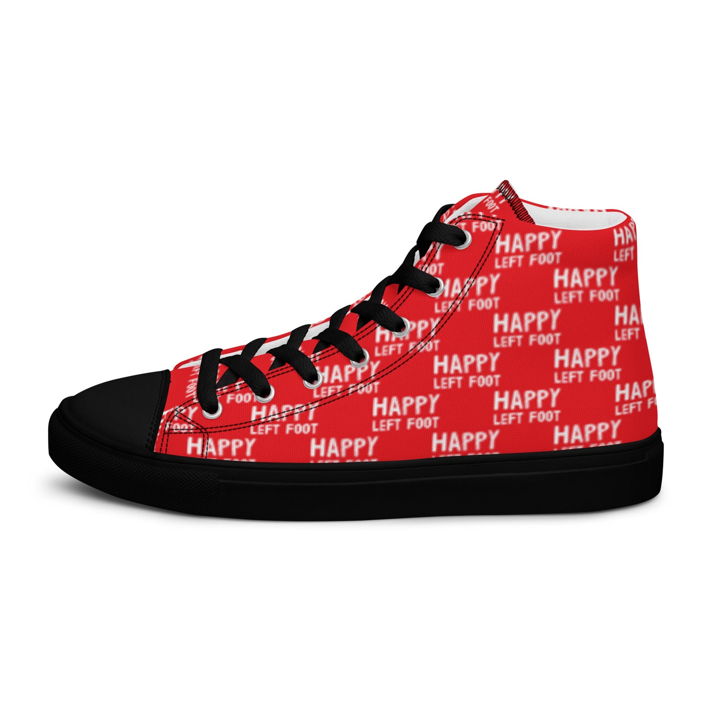 Left shoe side view HappyStuff mens red high top sneakers black sole with white playful pattern print of Happy Left Foot