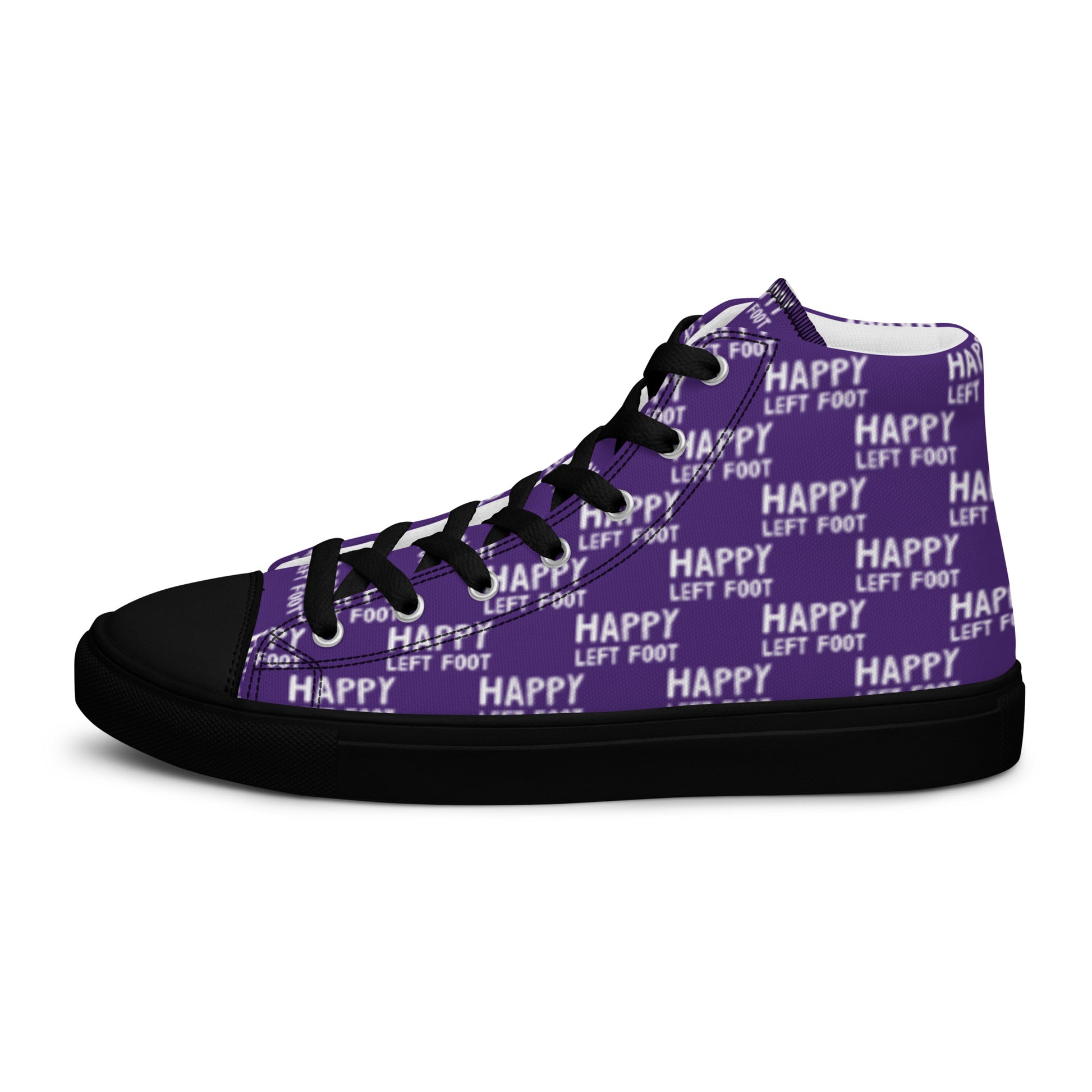 Left shoe side view HappyStuff mens purple high top sneakers black sole with white playful pattern print of Happy Left Foot