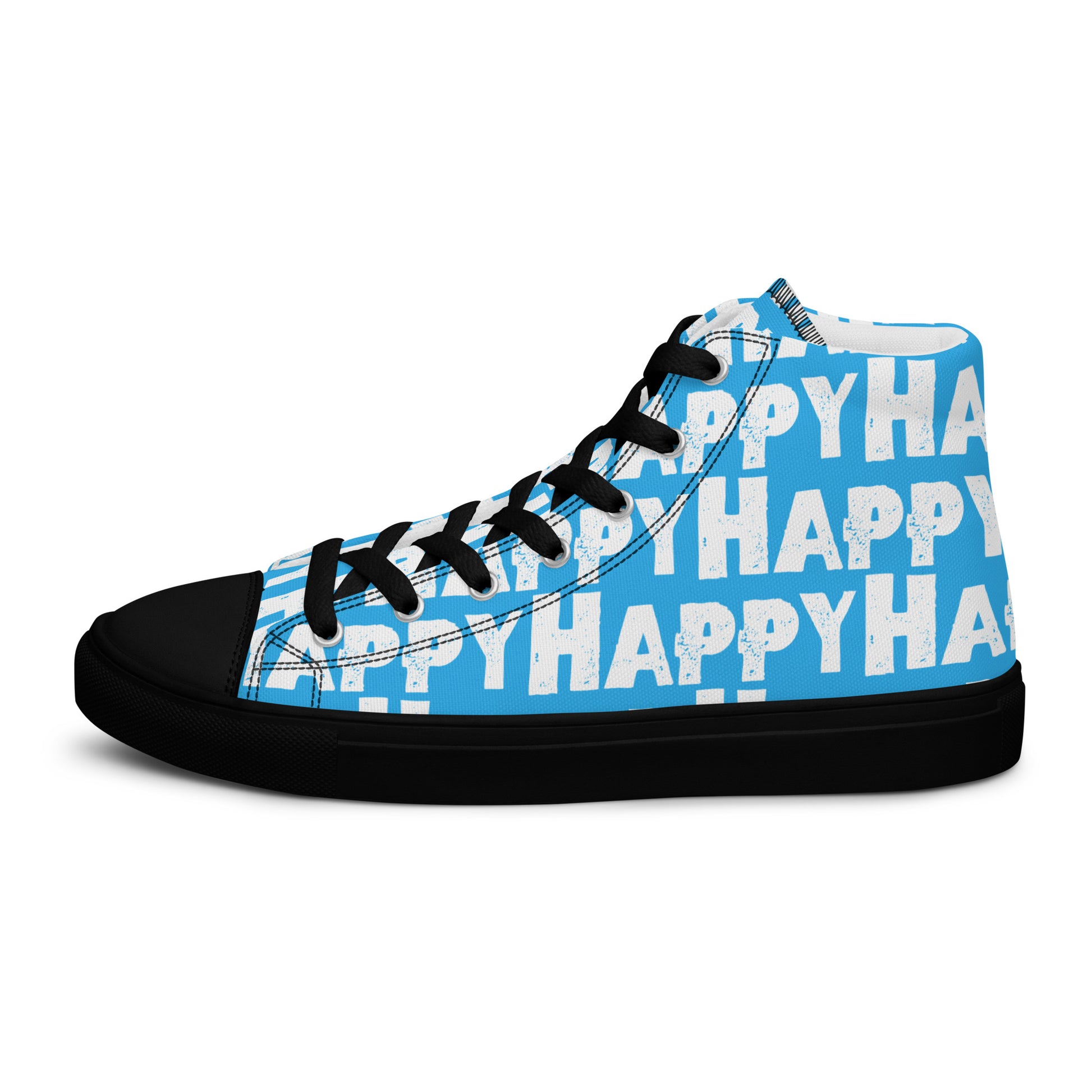 Cool Shoes Mens Sneakers outside view left shoe blue and white Happy Sponge Print High Top Sneakers black sole HappyStuff brand