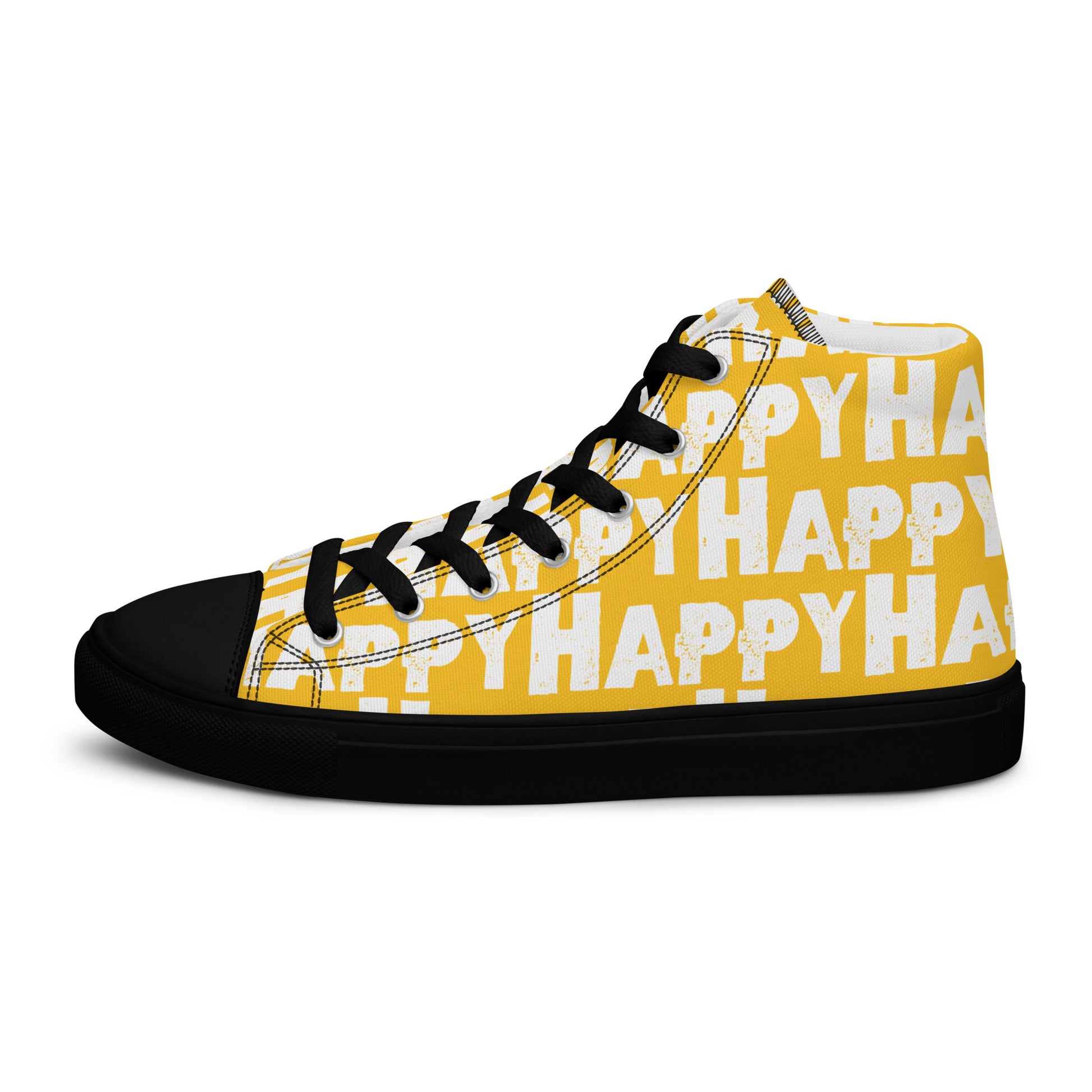 Cool Shoes Mens Sneakers outside view left shoe yellow and white Happy Sponge Print High Top Sneakers black sole HappyStuff brand