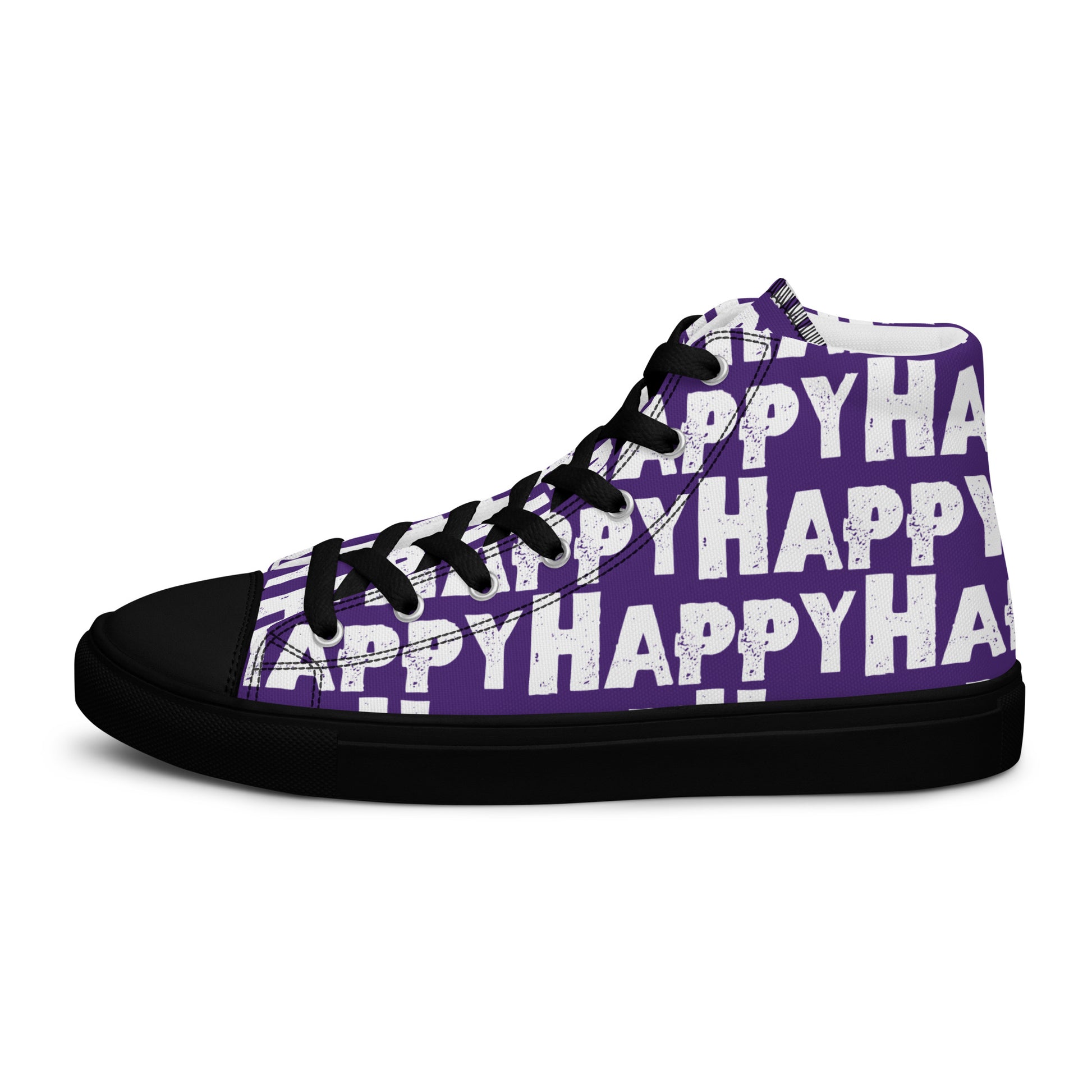 Cool Shoes Mens Sneakers outside view left shoe purple and white Happy Sponge Print High Top Sneakers black sole HappyStuff brand