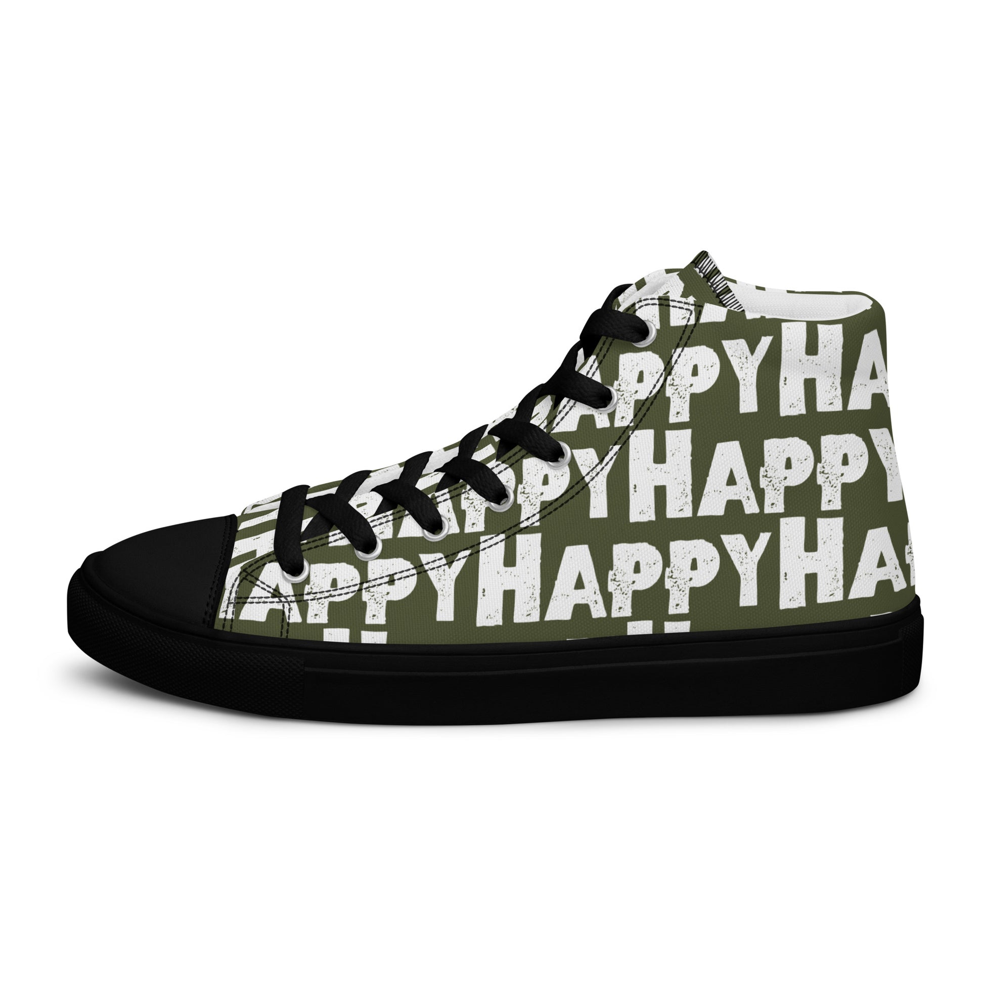 Cool Shoes Mens Sneakers outside view left shoe khaki green and white Happy Sponge Print High Top Sneakers black sole HappyStuff brand