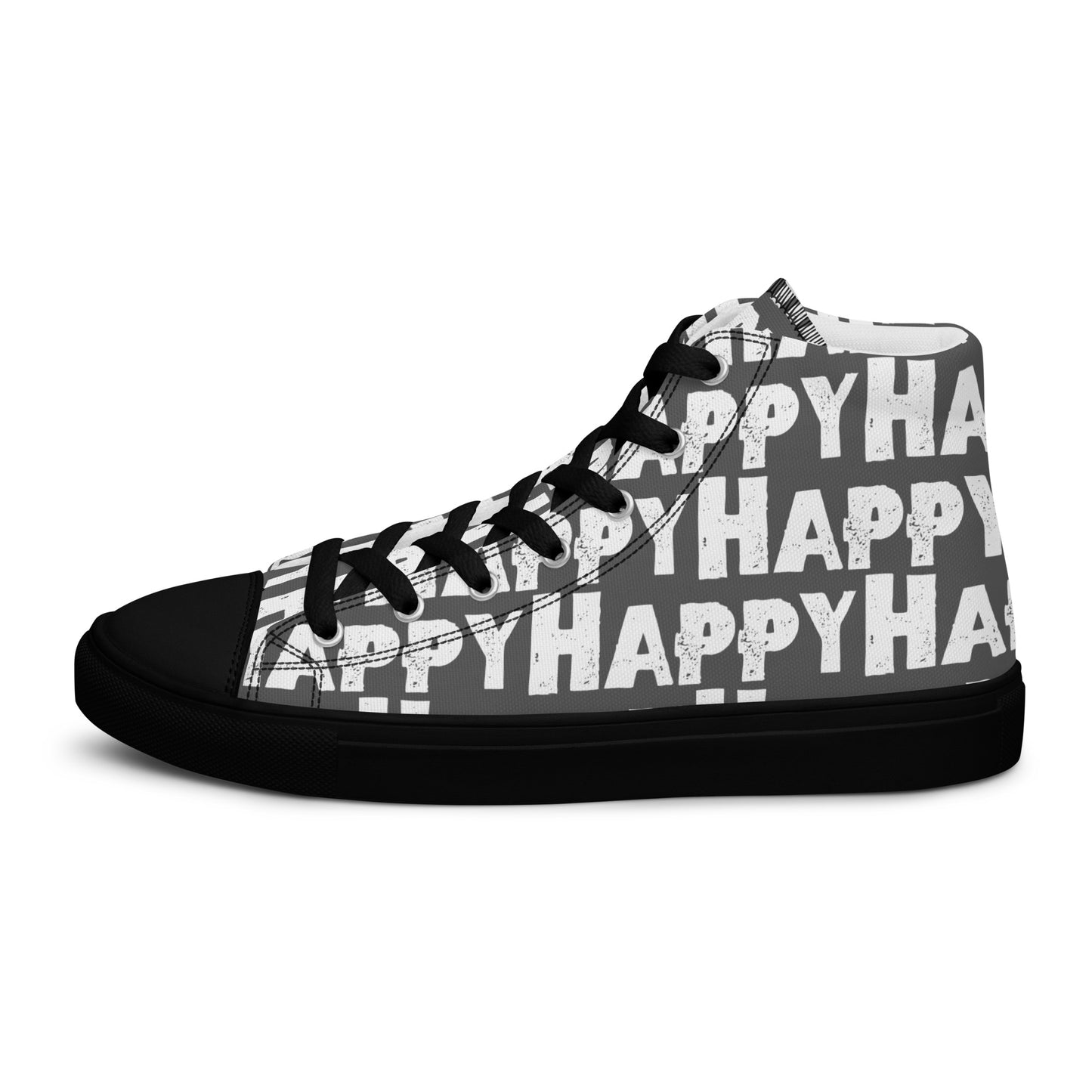 Cool Shoes Mens Sneakers outside view left shoe slate and white Happy Sponge Print High Top Sneakers black sole HappyStuff brand