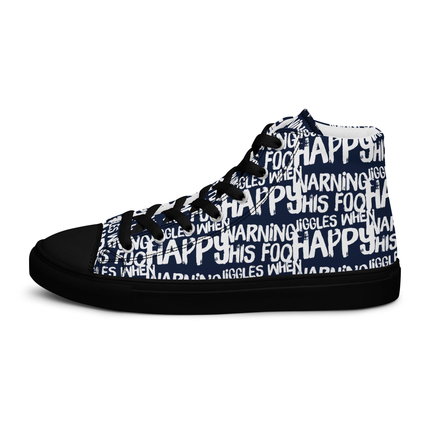 Left shoe side view HappyStuff mens navy blue high top sneakers with playful white print Warning This Foot Jiggles When Happy black sole