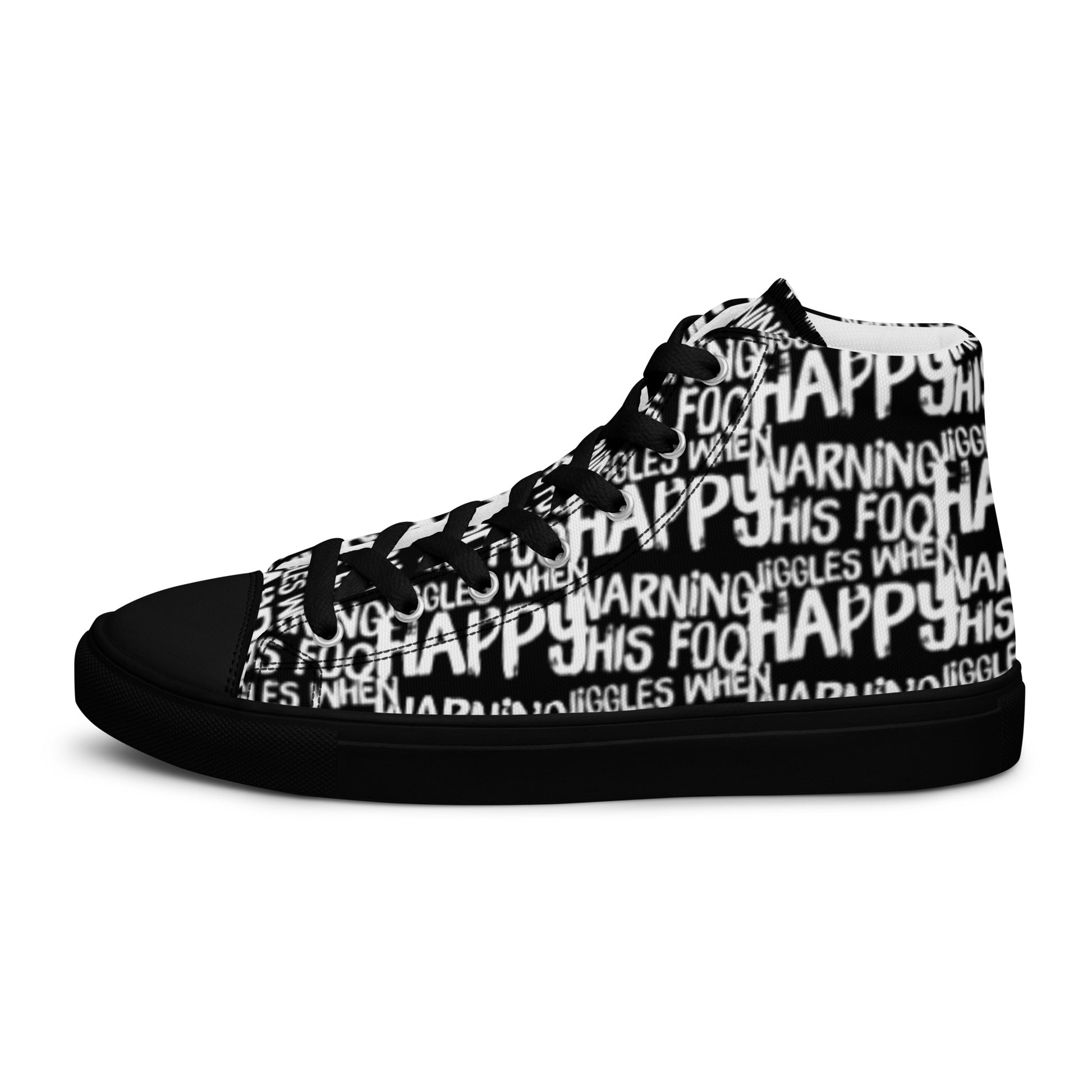 Left shoe side view HappyStuff mens black high top sneakers with playful white print Warning This Foot Jiggles When Happy black sole