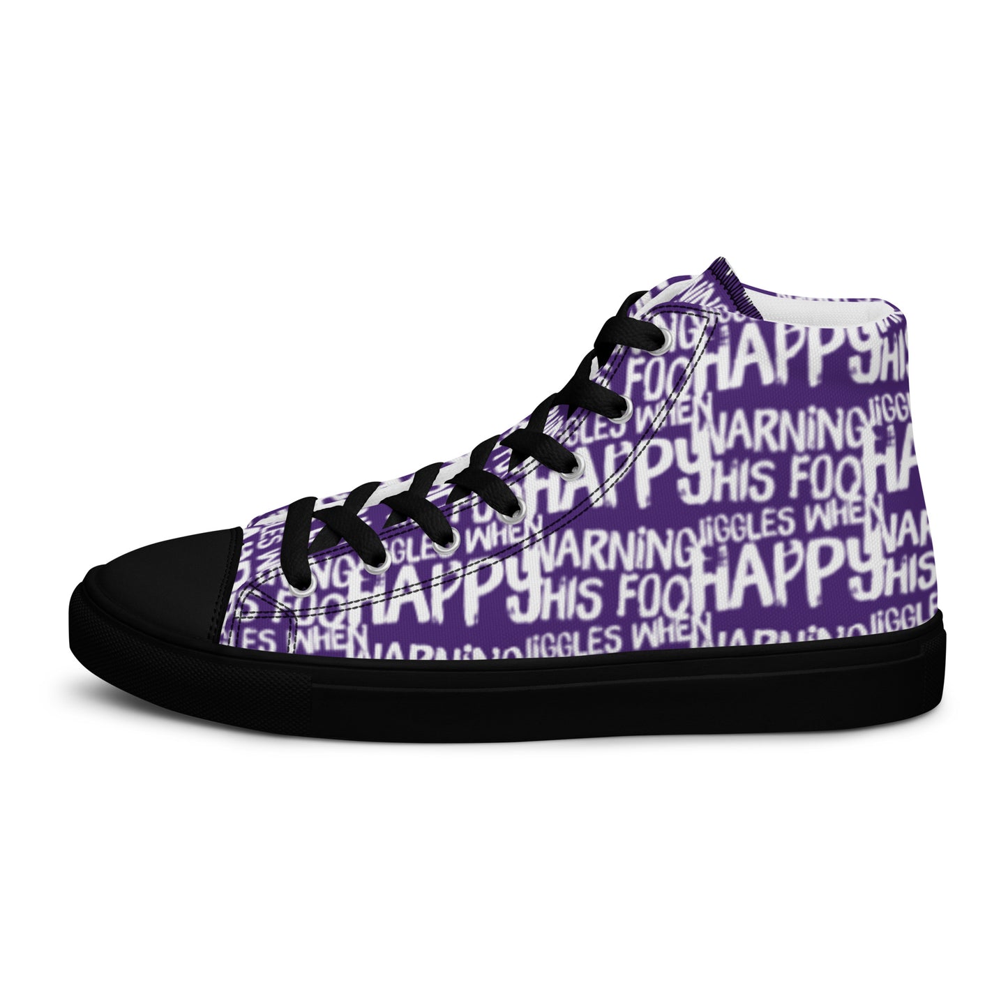 Left shoe side view HappyStuff mens purple high top sneakers with playful white print Warning This Foot Jiggles When Happy black sole