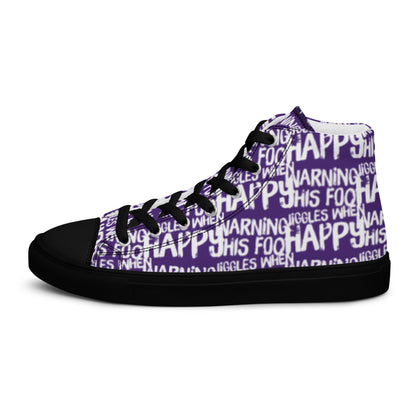 Left shoe side view HappyStuff mens purple high top sneakers with playful white print Warning This Foot Jiggles When Happy black sole