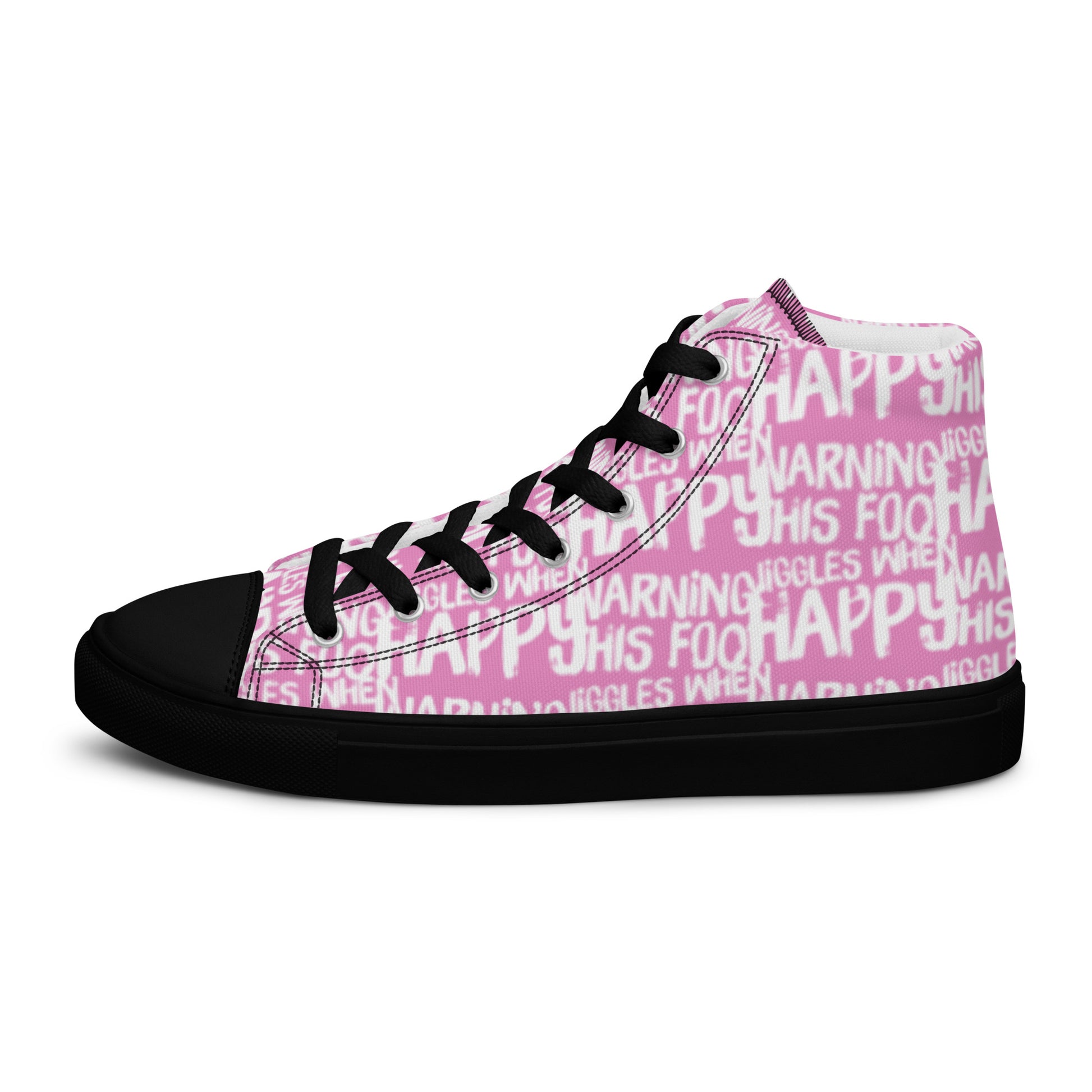 Left shoe side view HappyStuff mens pink high top sneakers with playful white print Warning This Foot Jiggles When Happy black sole