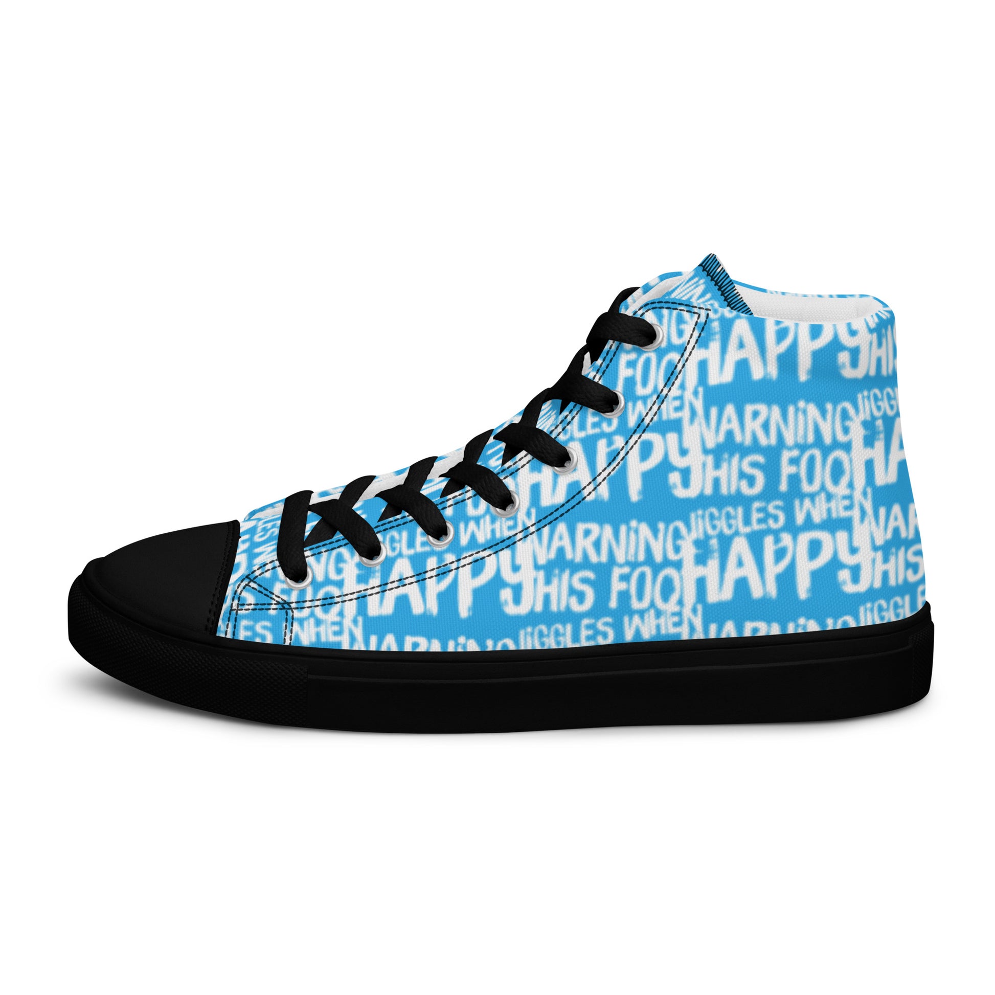 Left shoe side view HappyStuff mens blue high top sneakers with playful white print Warning This Foot Jiggles When Happy black sole