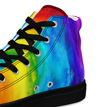 HappyStuff rainbow shoes holi colours printed on white high top sneakers black sole close up view of inside heel tongue and black laces