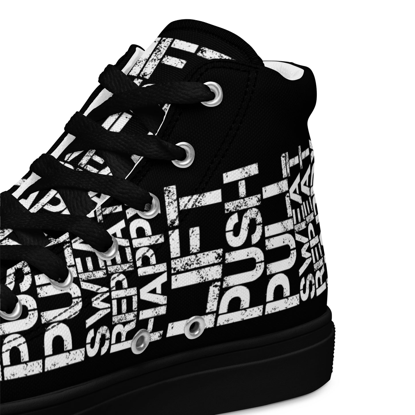 HappyStuff black high tops with lift push pull sweat repeat happy distress print black and white closeup view inside heel side gym shoe black sole