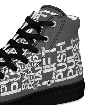 HappyStuff slate grey high tops with lift push pull sweat repeat happy distress print slate grey and white closeup view inside heel side gym shoe black sole