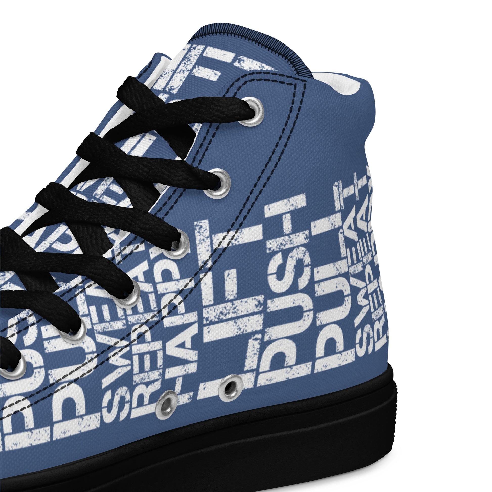 HappyStuff denim blue high tops with lift push pull sweat repeat happy distress print denim blue and white closeup view inside heel side gym shoe black sole