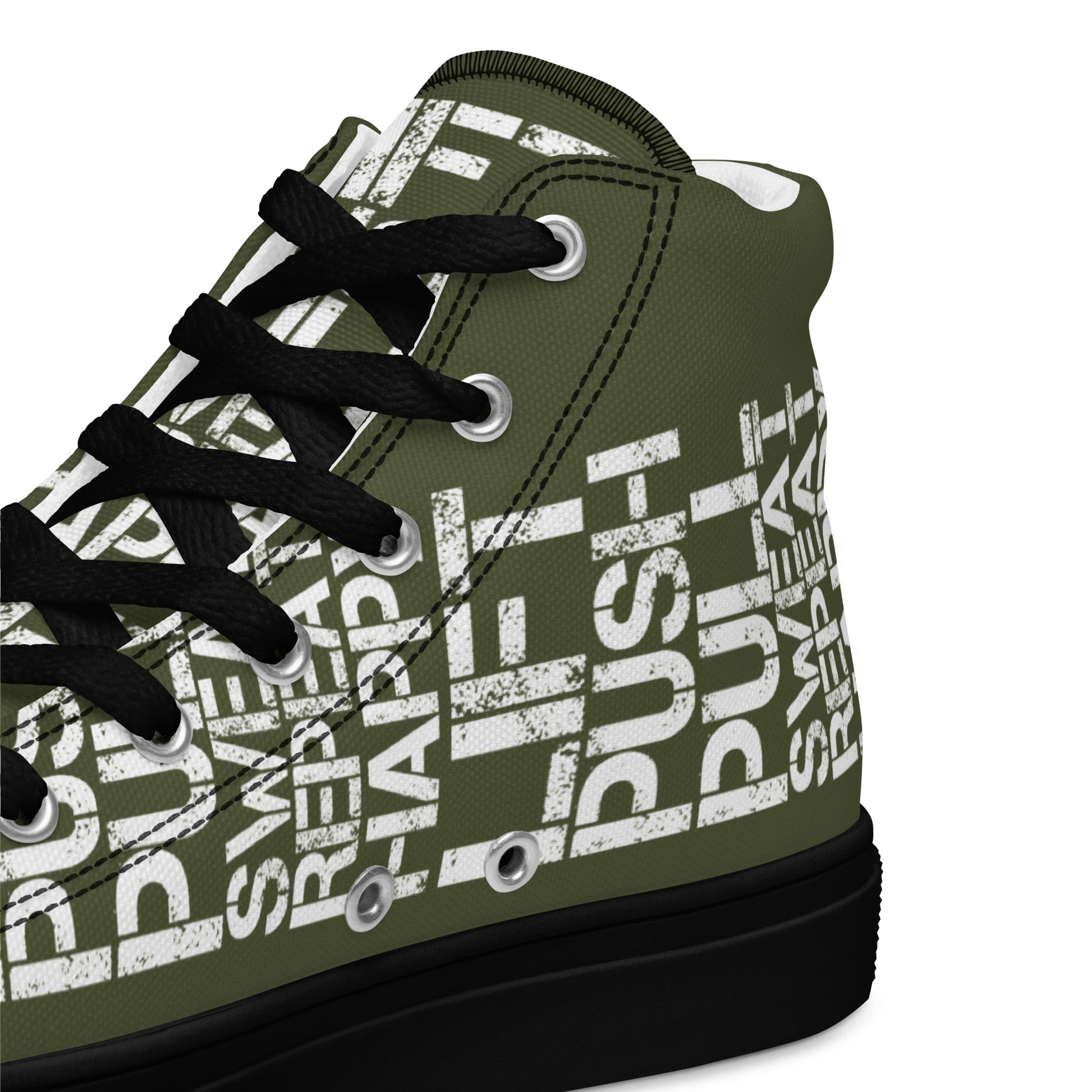 HappyStuff khaki green high tops with lift push pull sweat repeat happy distress print khaki green and white closeup view inside heel side gym shoe black sole