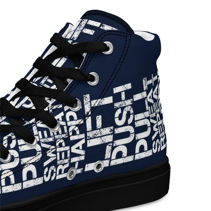 HappyStuff navy blue high tops with lift push pull sweat repeat happy distress print navy blue and white closeup view inside heel side gym shoe black sole