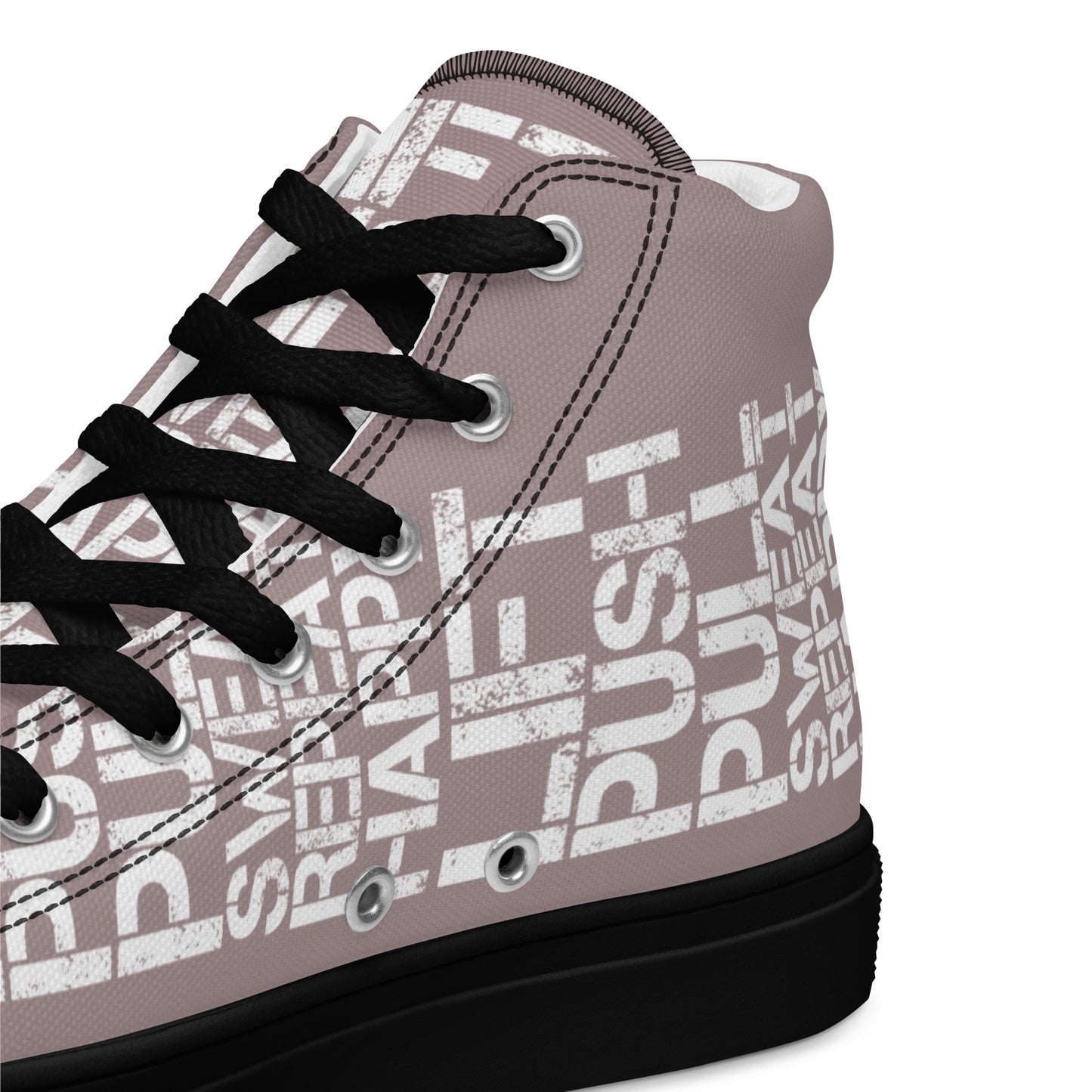 HappyStuff taupe high tops with lift push pull sweat repeat happy distress print taupe and white closeup view inside heel side gym shoe black sole