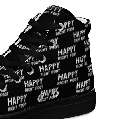 HappyStuff black high tops with playful Happy Left Foot Happy Right Foot Pattern Print black and white closeup view inside heel side black sole