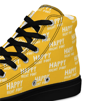 HappyStuff yellow high tops with playful Happy Left Foot Happy Right Foot Pattern Print yellow and white closeup view inside heel side black sole