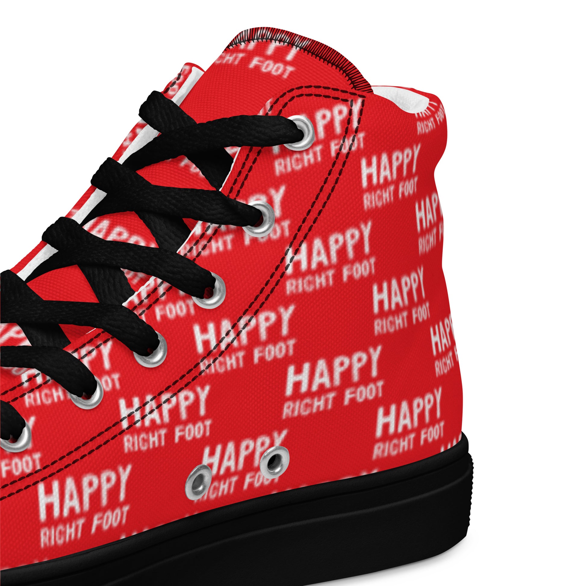 HappyStuff red high tops with playful Happy Left Foot Happy Right Foot Pattern Print red and white closeup view inside heel side black sole