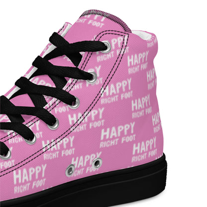 HappyStuff pink high tops with playful Happy Left Foot Happy Right Foot Pattern Print pink and white closeup view inside heel side black sole