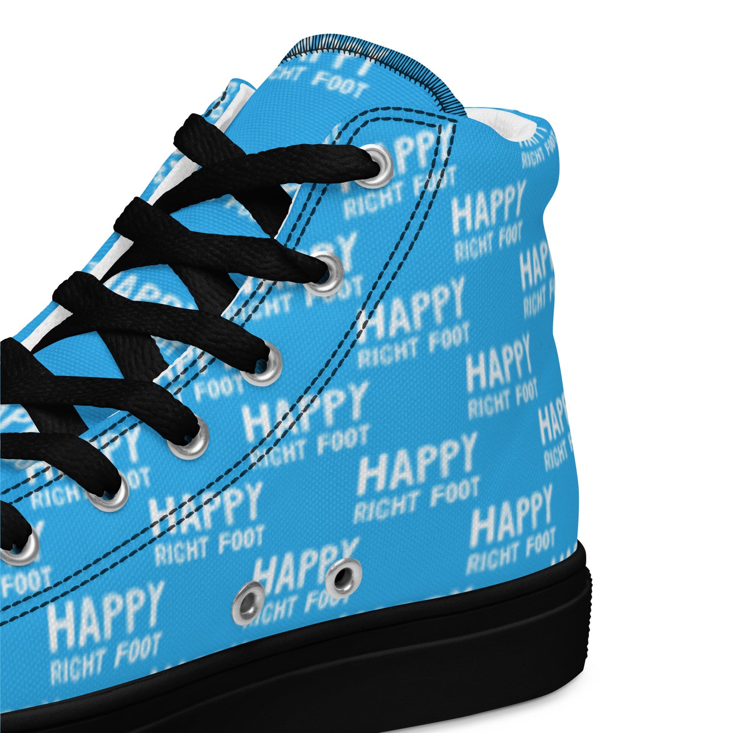 HappyStuff blue high tops with playful Happy Left Foot Happy Right Foot Pattern Print blue and white closeup view inside heel side black sole