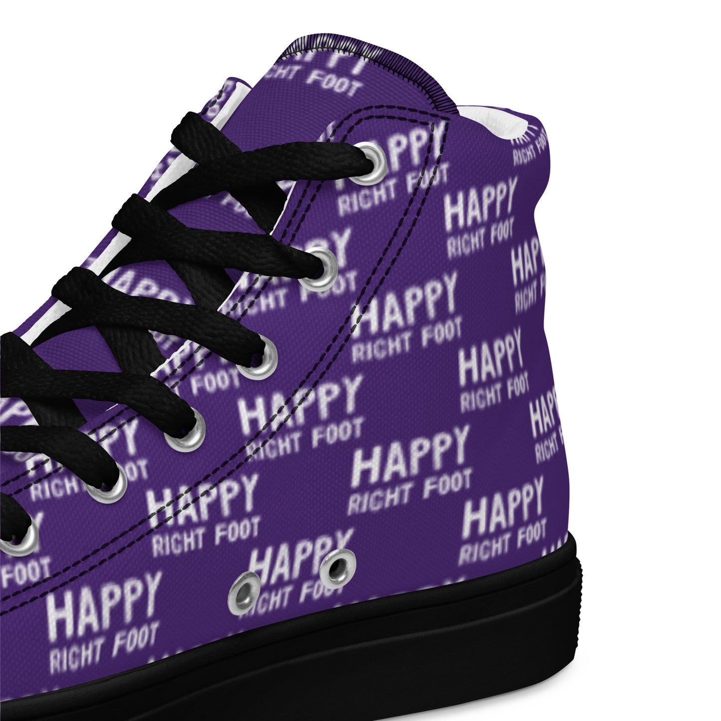 HappyStuff purple high tops with playful Happy Left Foot Happy Right Foot Pattern Print purple and white closeup view inside heel side black sole