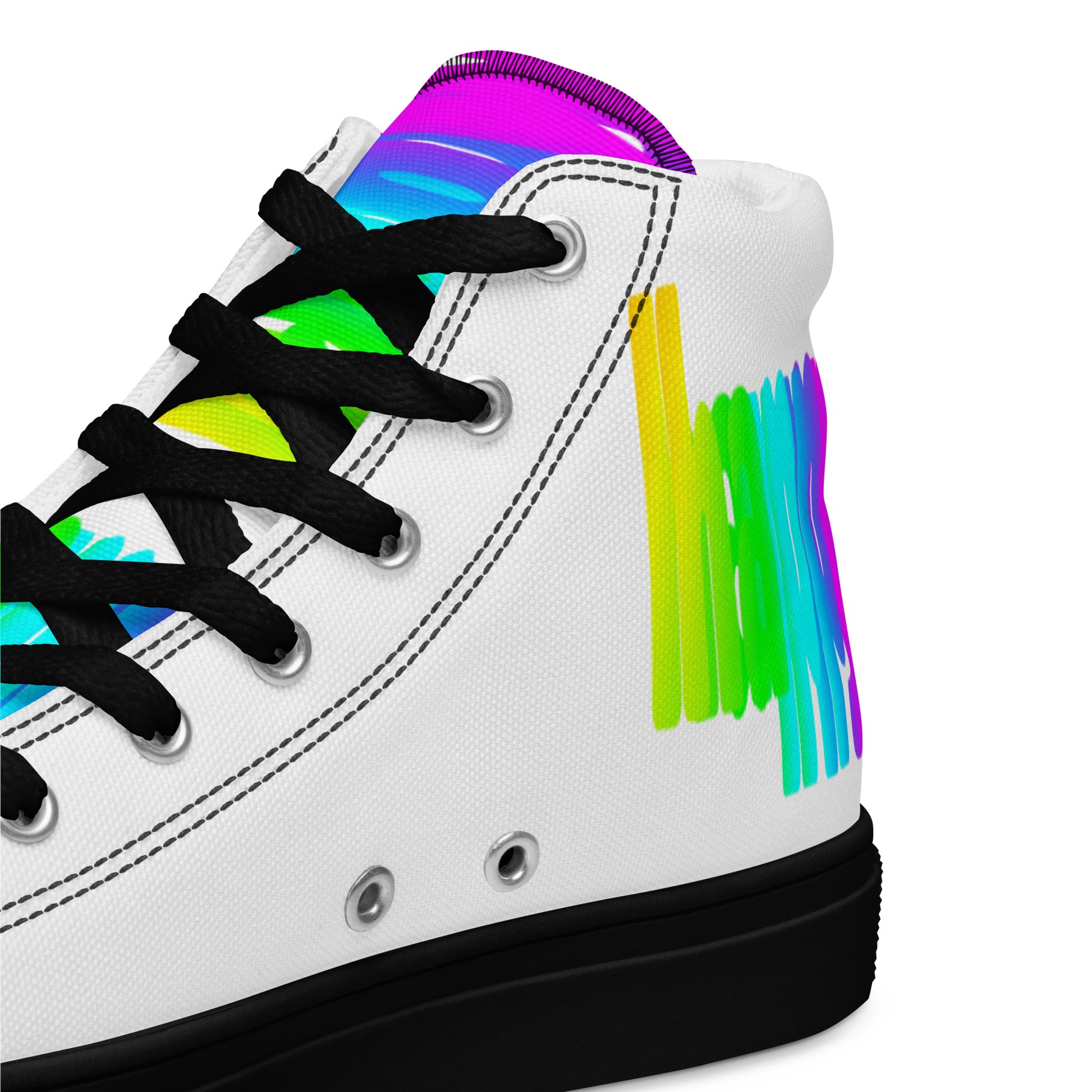 HappyStuff white high tops black sole rainbow shoes Happy Rainbow Painted Print bright colour spectrum tongue closeup view inside heel side