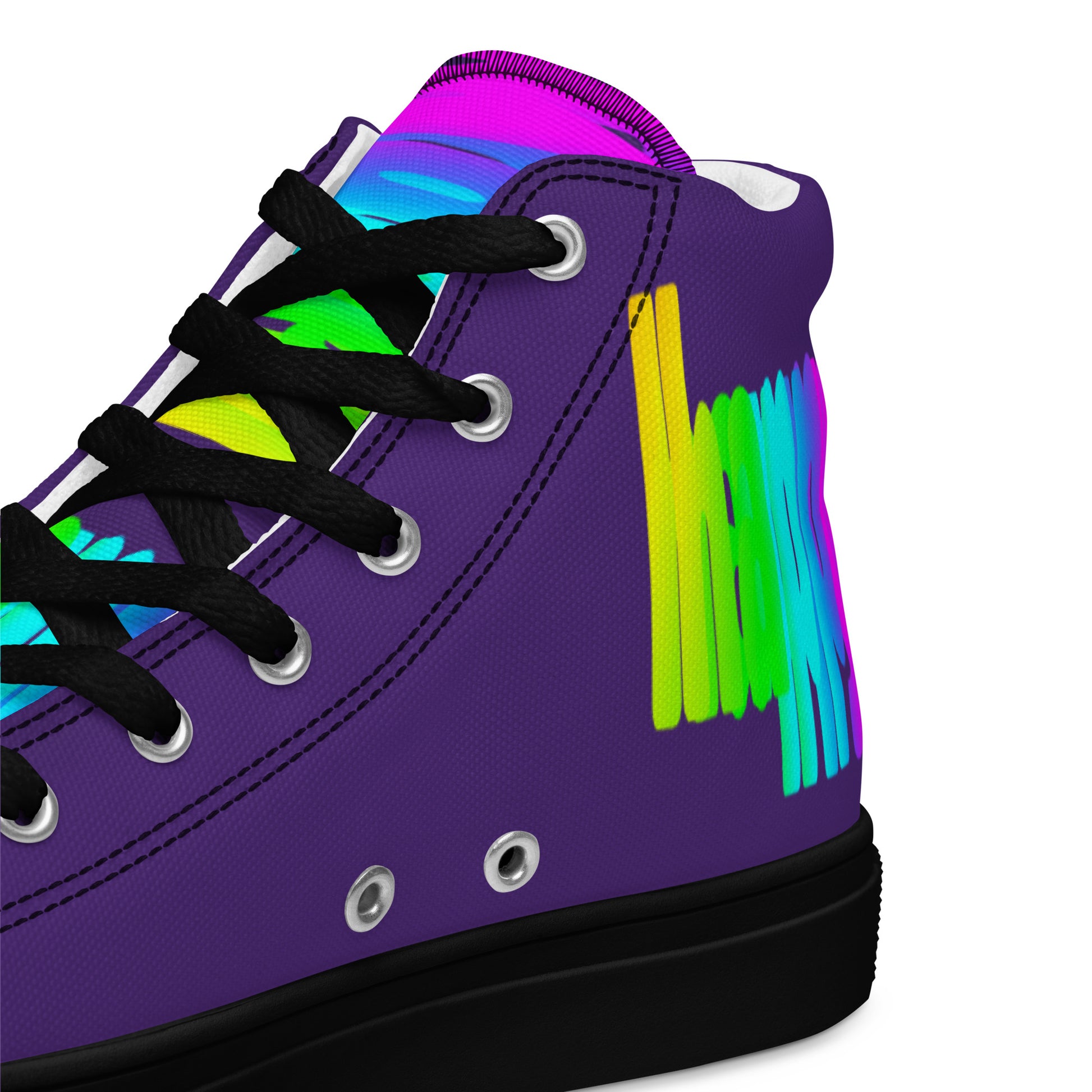 HappyStuff purple high tops black sole rainbow shoes Happy Rainbow Painted Print bright colour spectrum tongue closeup view inside heel side