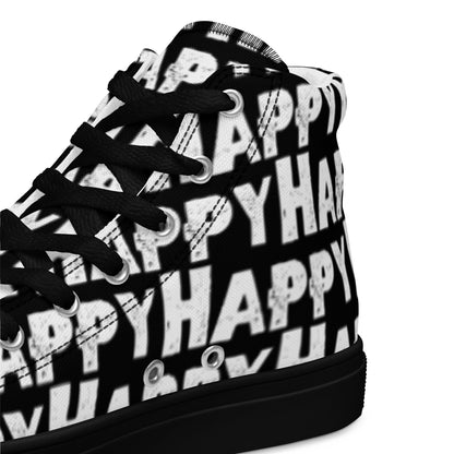 Mens Sneakers heel side closeup black and white Happy Sponge Print High Tops black sole HappyStuff brand