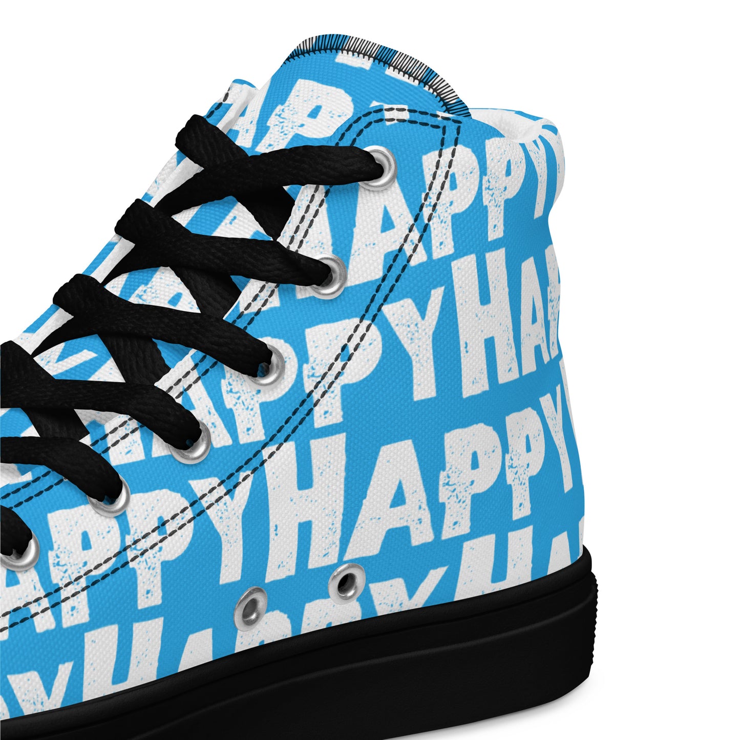 Mens Sneakers heel side closeup blue and white Happy Sponge Print High Tops black sole HappyStuff brand