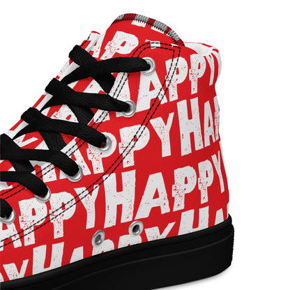 Mens Sneakers heel side closeup red and white Happy Sponge Print High Tops black sole HappyStuff brand