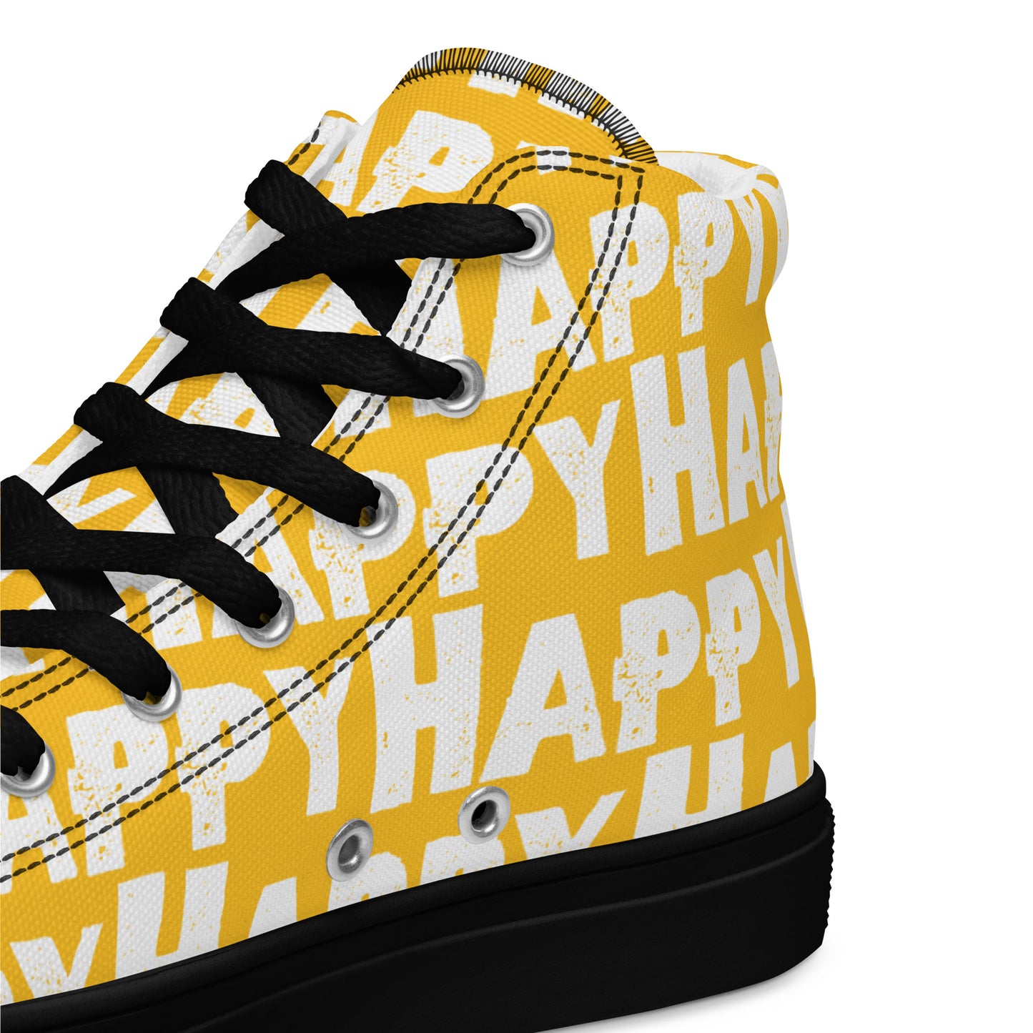 Mens Sneakers heel side closeup yellow and white Happy Sponge Print High Tops black sole HappyStuff brand