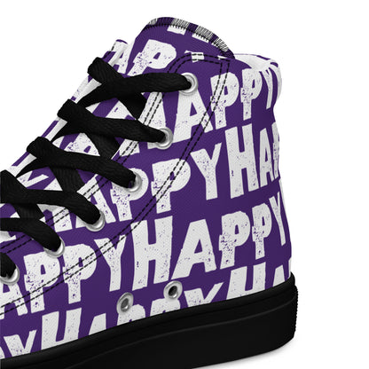 Mens Sneakers heel side closeup purple and white Happy Sponge Print High Tops black sole HappyStuff brand