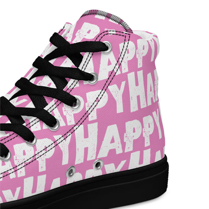 Mens Sneakers heel side closeup pink and white Happy Sponge Print High Tops black sole HappyStuff brand