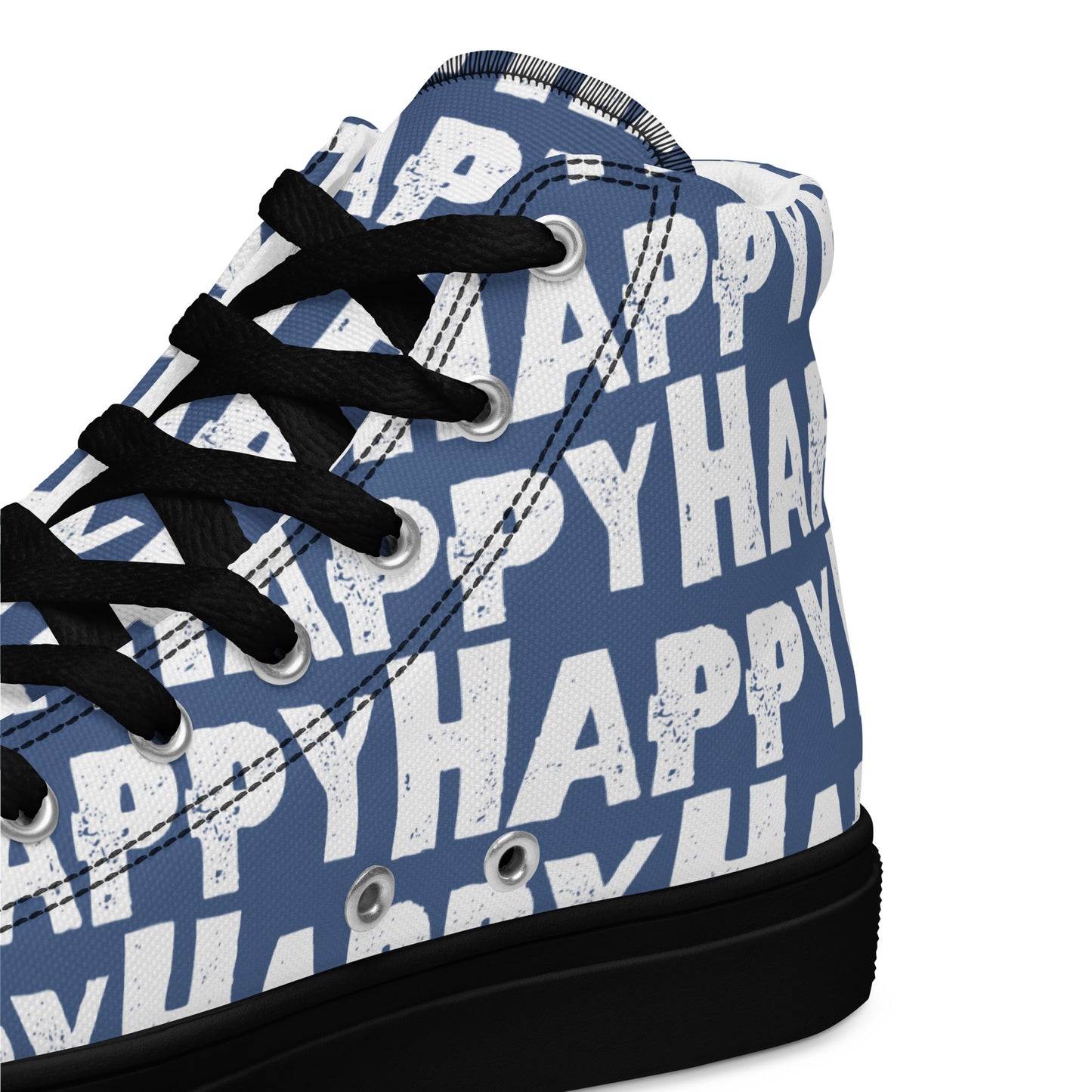 Mens Sneakers heel side closeup denim blue and white Happy Sponge Print High Tops black sole HappyStuff brand