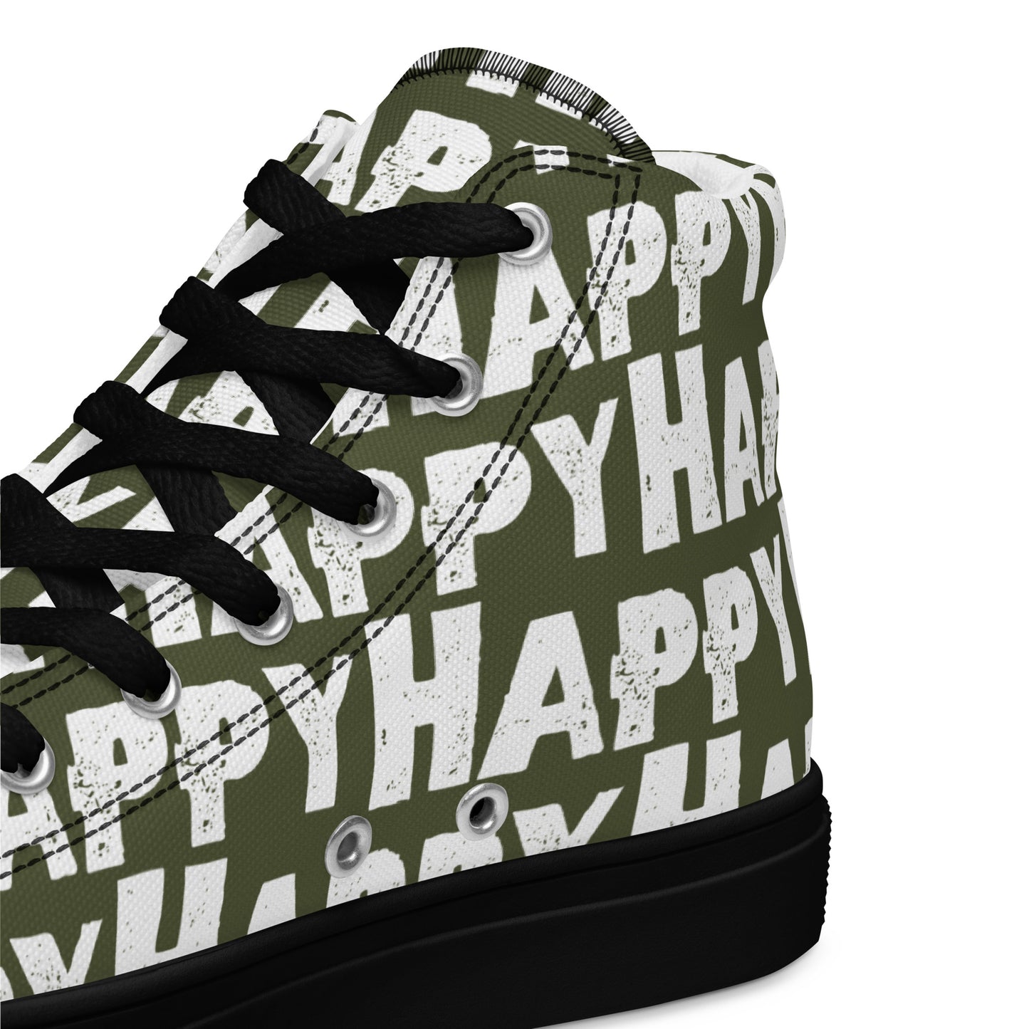 Mens Sneakers heel side closeup khaki green and white Happy Sponge Print High Tops black sole HappyStuff brand