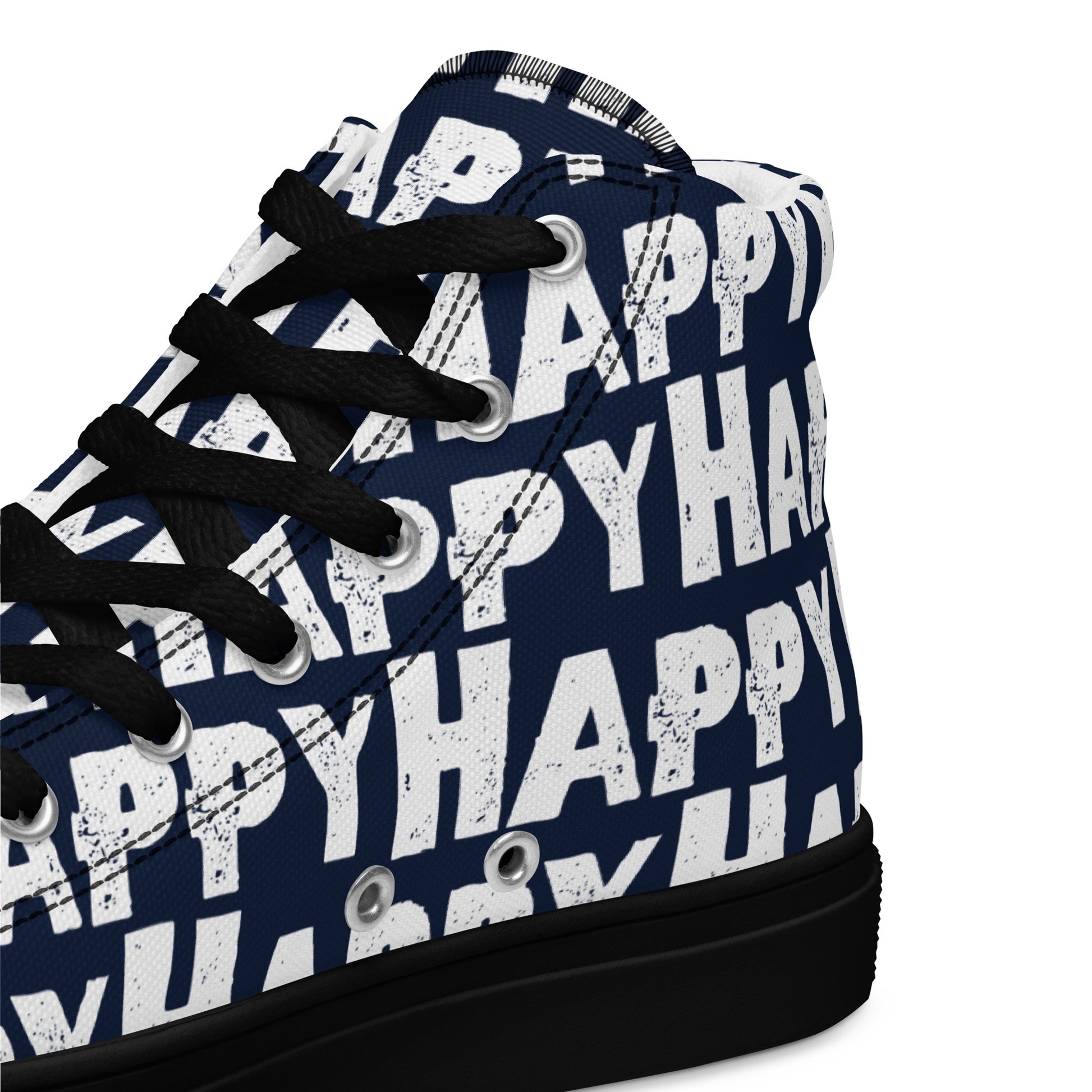 Mens Sneakers heel side closeup navy blue and white Happy Sponge Print High Tops black sole HappyStuff brand