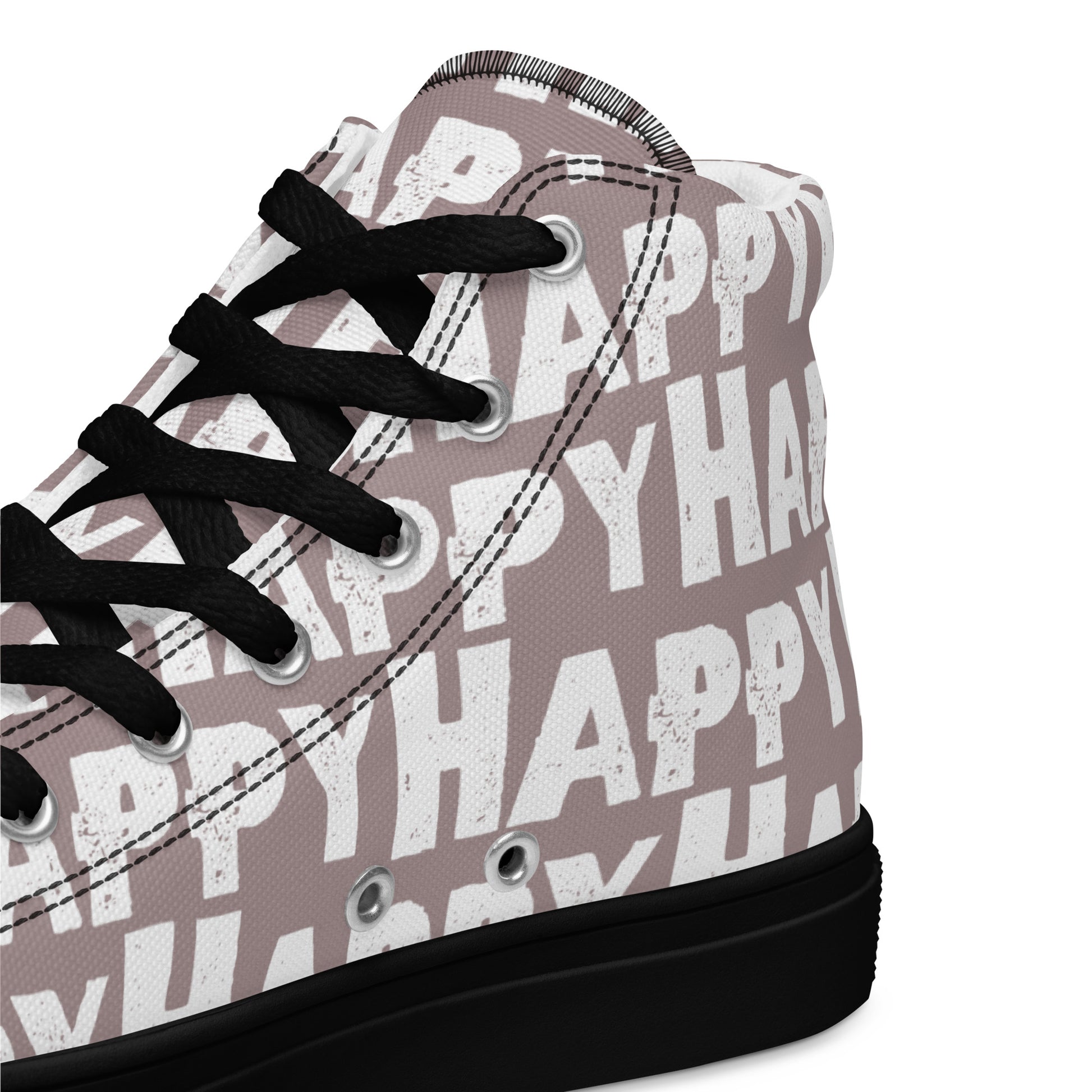 Mens Sneakers heel side closeup taupe and white Happy Sponge Print High Tops black sole HappyStuff brand