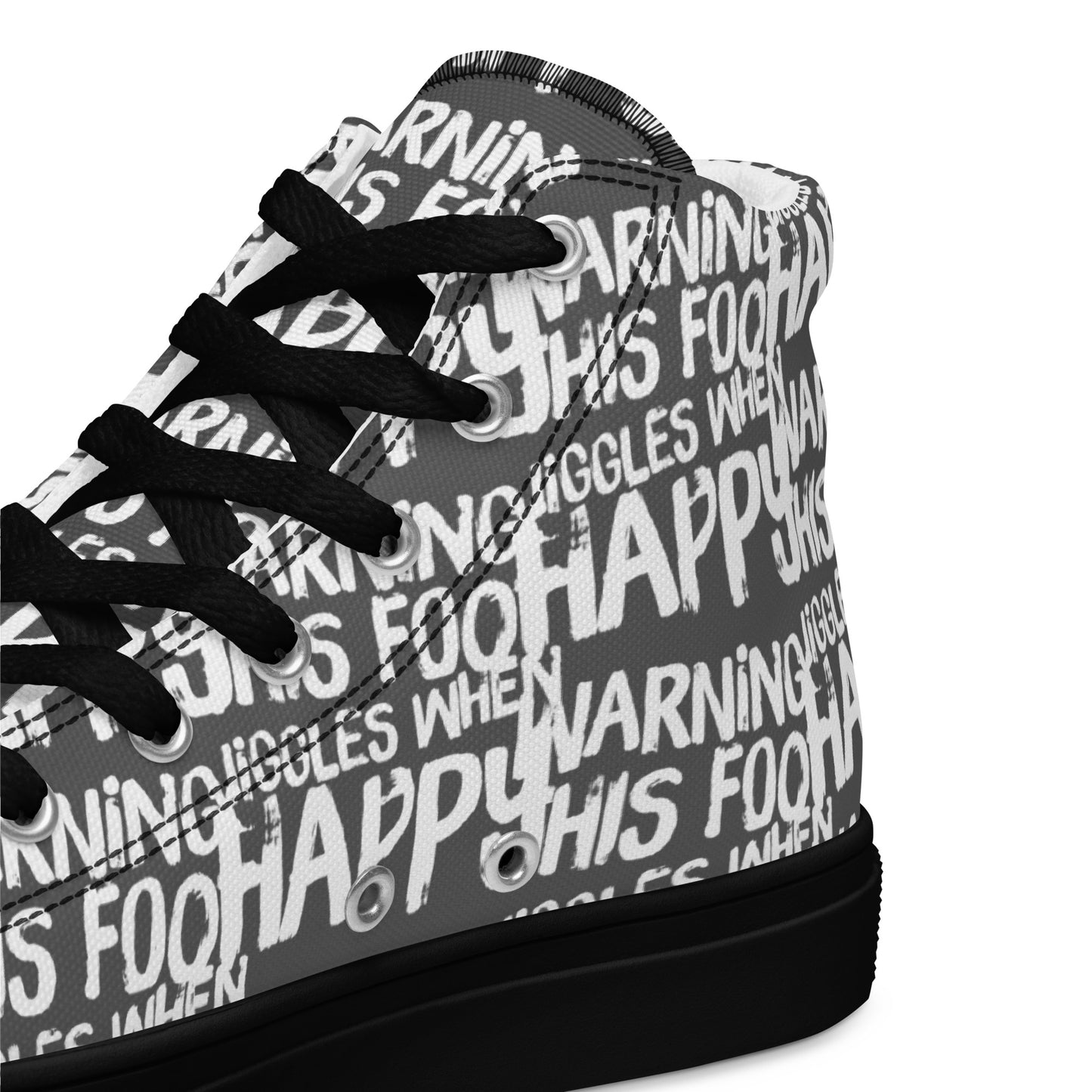 HappyStuff slate grey high tops with playful white print Warning This Foot Jiggles When Happy inside heel side closeup view black sole