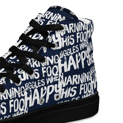 HappyStuff navy blue high tops with playful white print Warning This Foot Jiggles When Happy inside heel side closeup view black sole