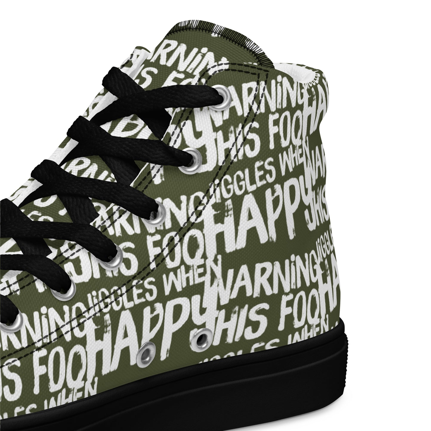 HappyStuff khaki green high tops with playful white print Warning This Foot Jiggles When Happy inside heel side closeup view black sole