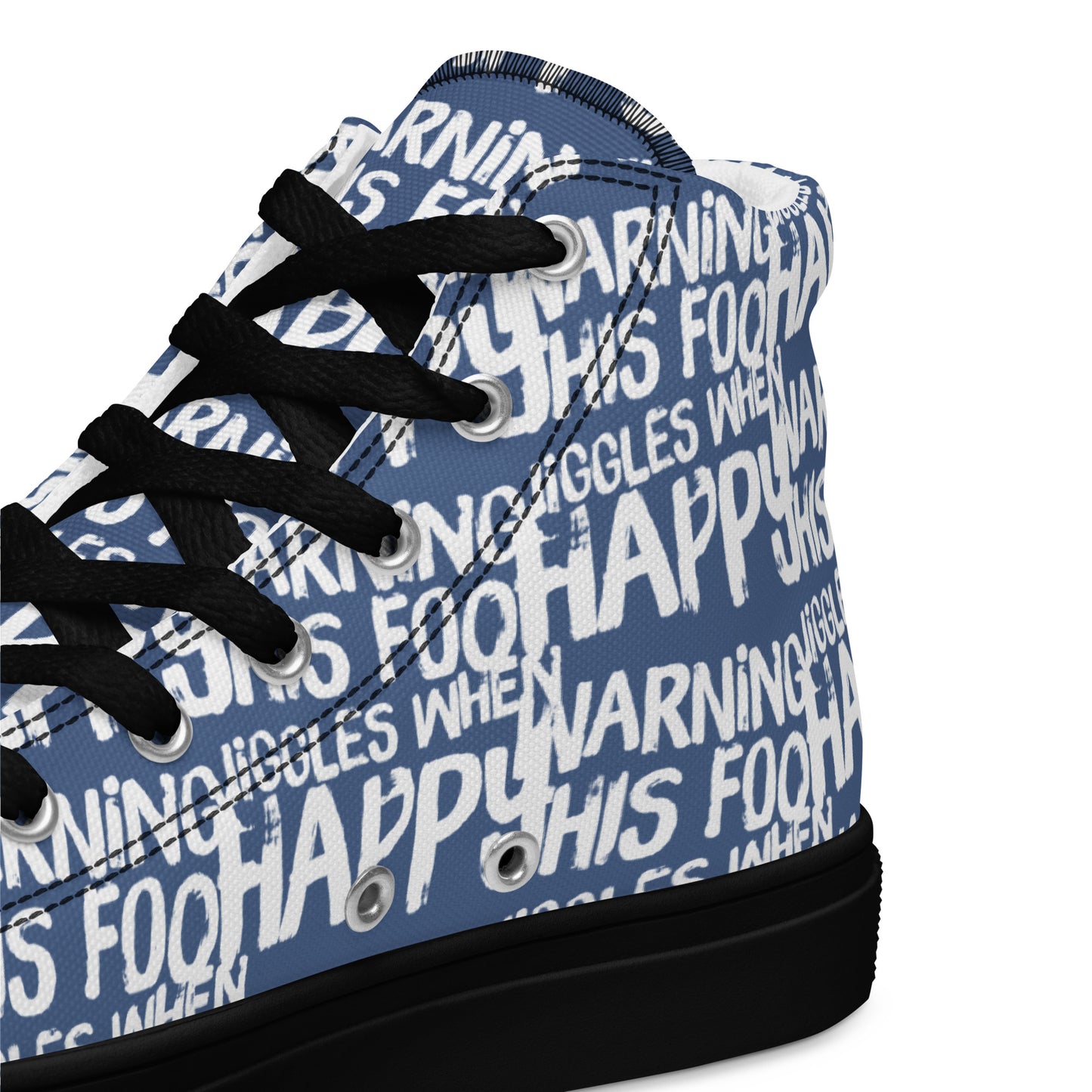 HappyStuff denim blue high tops with playful white print Warning This Foot Jiggles When Happy inside heel side closeup view black sole