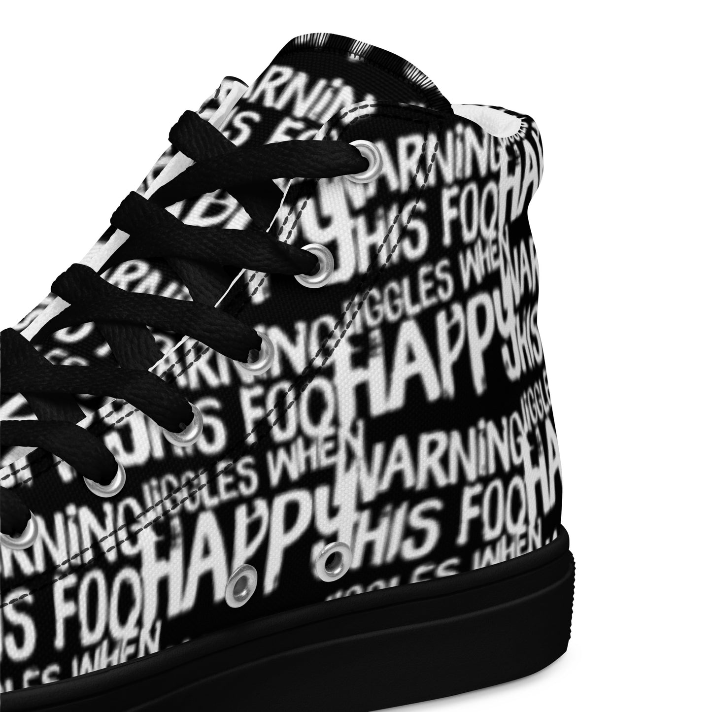 HappyStuff black high tops with playful white print Warning This Foot Jiggles When Happy inside heel side closeup view black sole