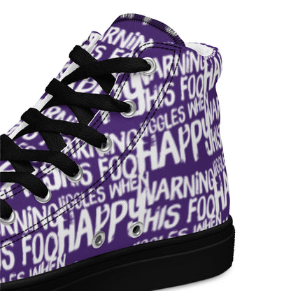 HappyStuff purple high tops with playful white print Warning This Foot Jiggles When Happy inside heel side closeup view black sole