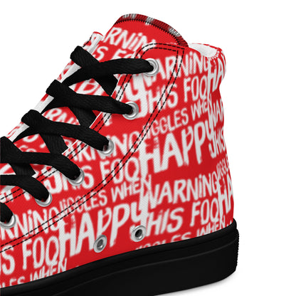 HappyStuff red high tops with playful white print Warning This Foot Jiggles When Happy inside heel side closeup view black sole